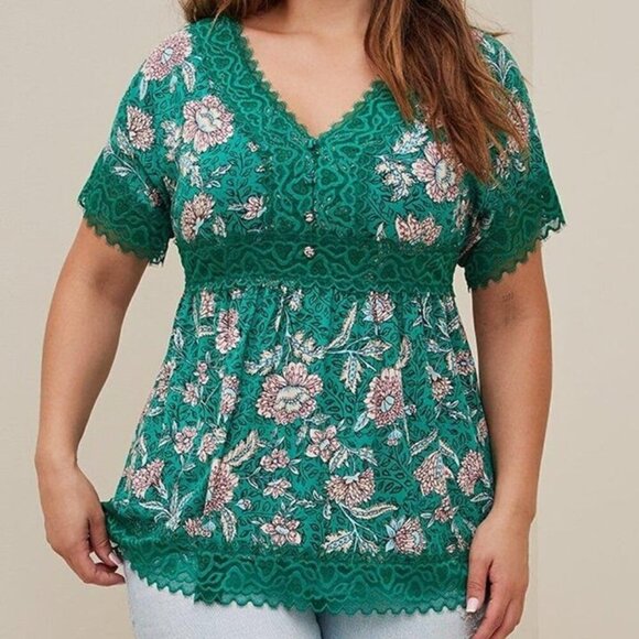 Torrid Babydoll Top 0 Large 12 V-Neck Short Sleeves Floral Green Lace Trim NEW - Picture 1 of 12